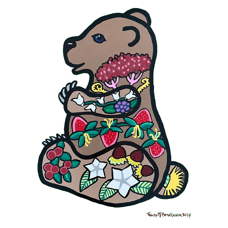 Painting by Tracey McBeth Kachor of a Bear with stylized plants and flowers depicted in body