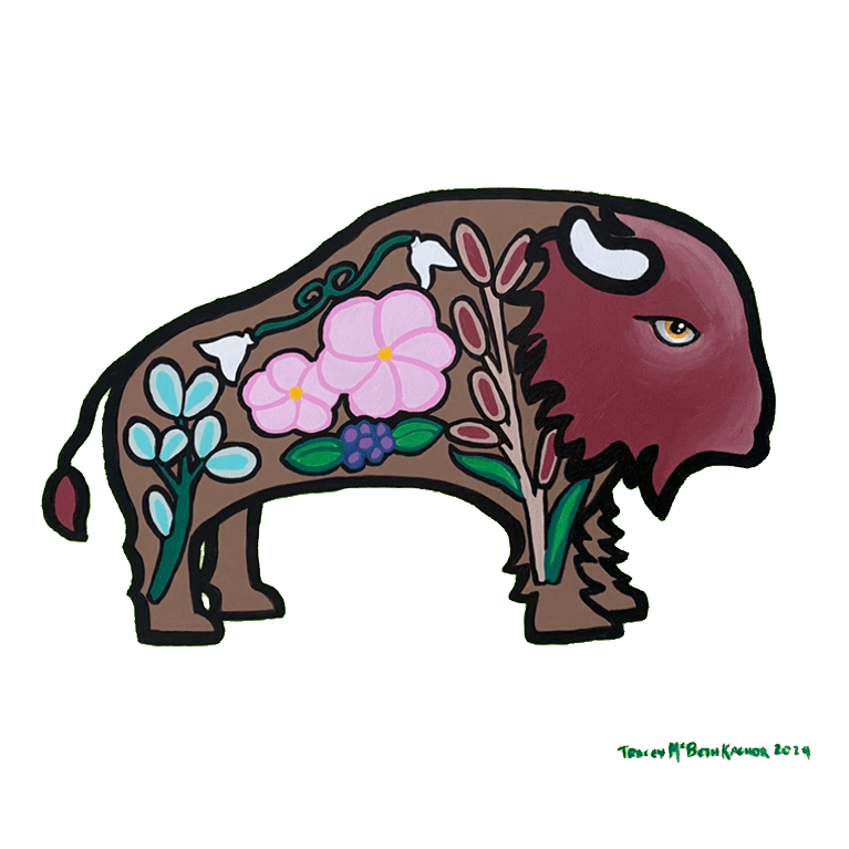 Painting by Tracey McBeth Kachor of a Buffalo with stylized plants and flowers depicted in body