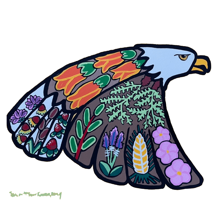 Painting by Tracey McBeth Kachor of a Bald Eagle with stylized plants and flowers depicted in wings body and tail