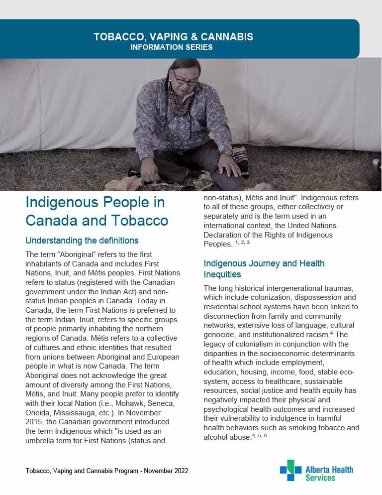 Cover of Tobacco, Vaping and Cannabis Information series document. Cover has photo of Treffery Deerfoot seated on the ground inside of a traditional Tipi