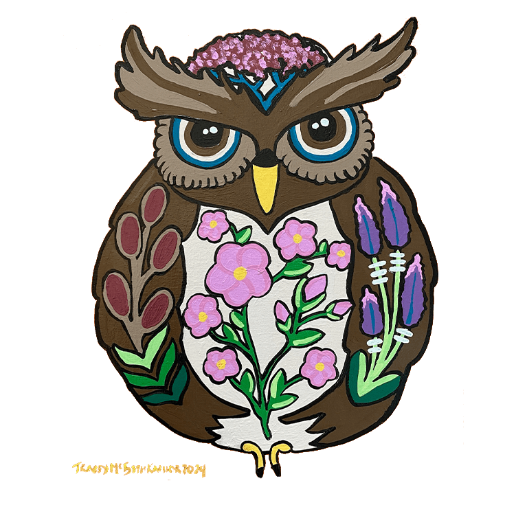 Painting by Tracey McBeth Kachor of an Owl with stylized plants and flowers depicted in head, wings, body and tail