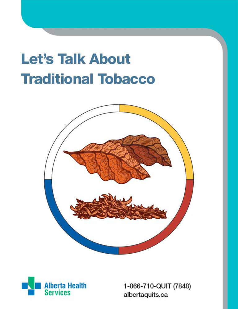 Cover of Let's Talk about Traditional Tobacco document. Cover depicts a circle with 4 color segmented ring with sacred colors white, yellow, red and blue. Ring is surrounding an illustration of dried tobacco leaves and dried shredded tobacco.