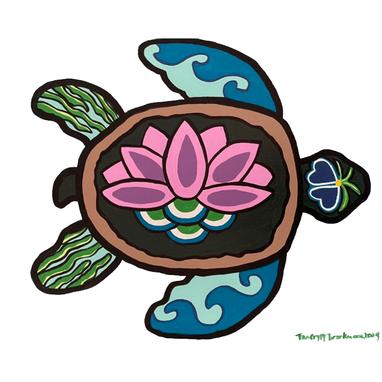 Painting by Tracey McBeth Kachor of a Turtle viewed from the top with stylized flower on its shell, flower on its head, waves on its front flippers and seaweed in its rear flippers