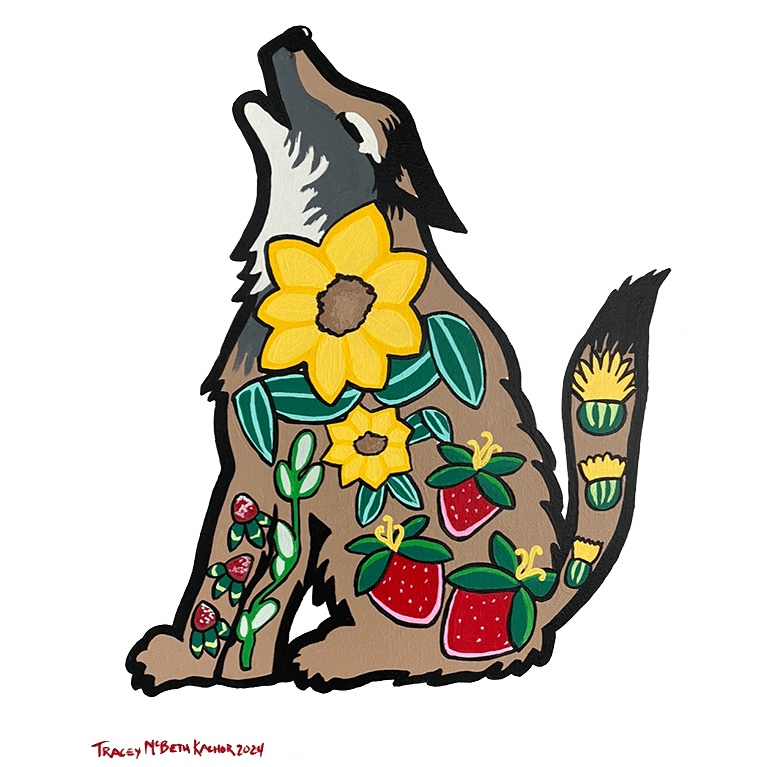 Painting by Tracey McBeth Kachor of a Wolf seated and howling with stylized plants and flowers depicted in body and tail